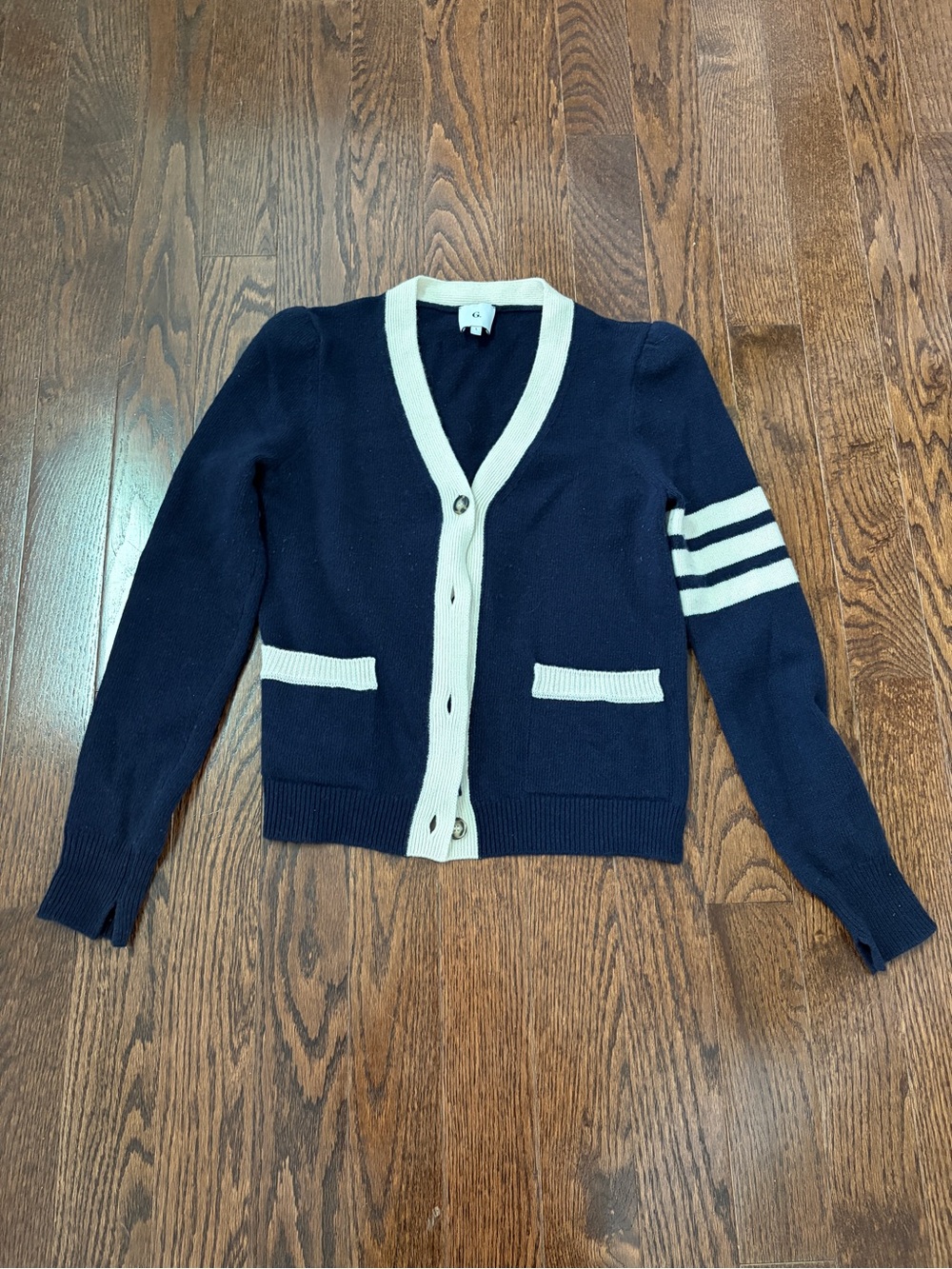 Goop G Label Navy and Cream Striped Sleeve V-Neck Cardigan size L